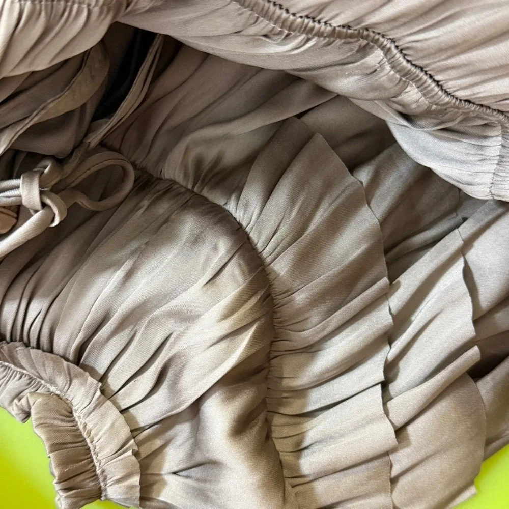 RESET Pleated Tiered Maxi Dress Medium Taupe Mushroom Satin‎ Flutter Sleeve Boho